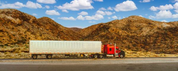 Red semi truck driving on a desert highway with mountains in Nevada, illustrating the FMCSA English proficiency out-of-service proposal